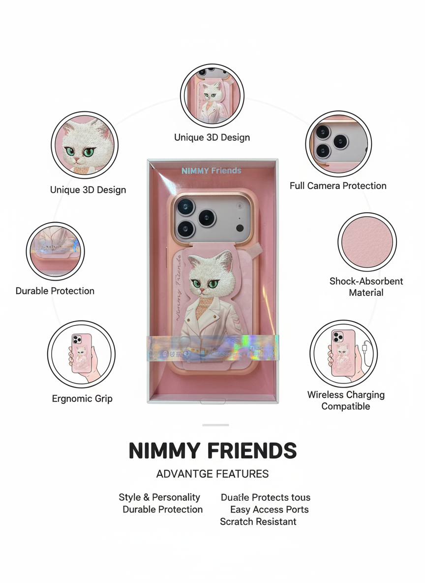 Chic NIMMY Friends Pink 3D Cat Phone Case for iPhone 17 Pro - Unique Character Design & Perfect Fit