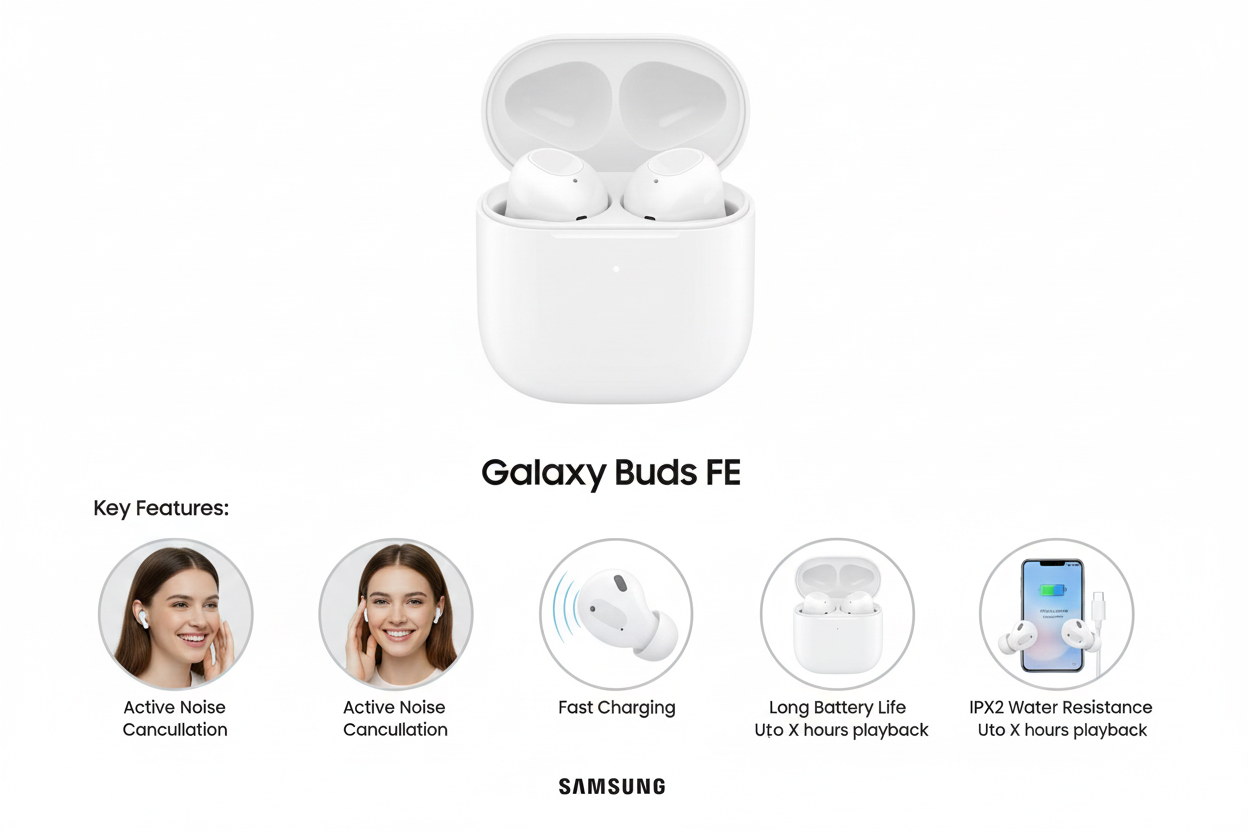 Samsung Galaxy Buds FE White – Active Noise Cancellation | Long Battery | Premium Sound