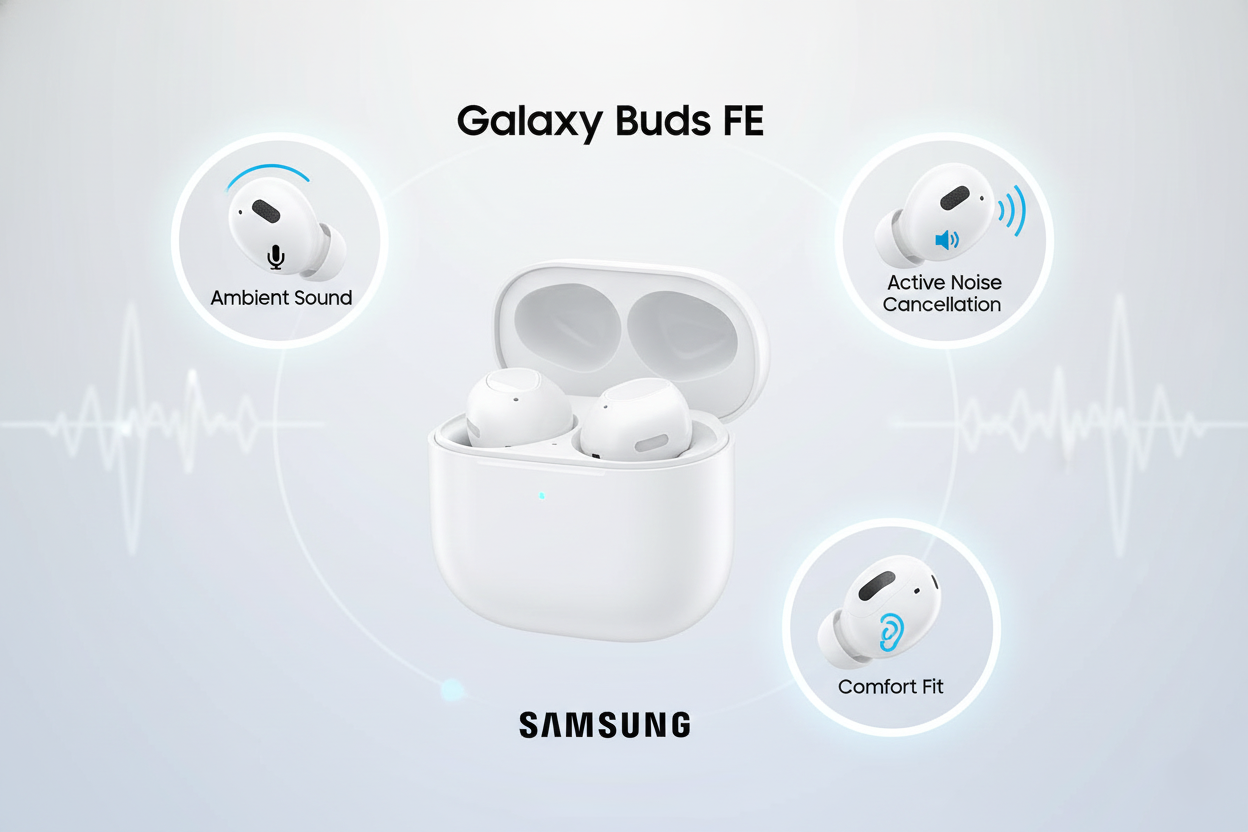 Samsung Galaxy Buds FE White – Active Noise Cancellation | Long Battery | Premium Sound