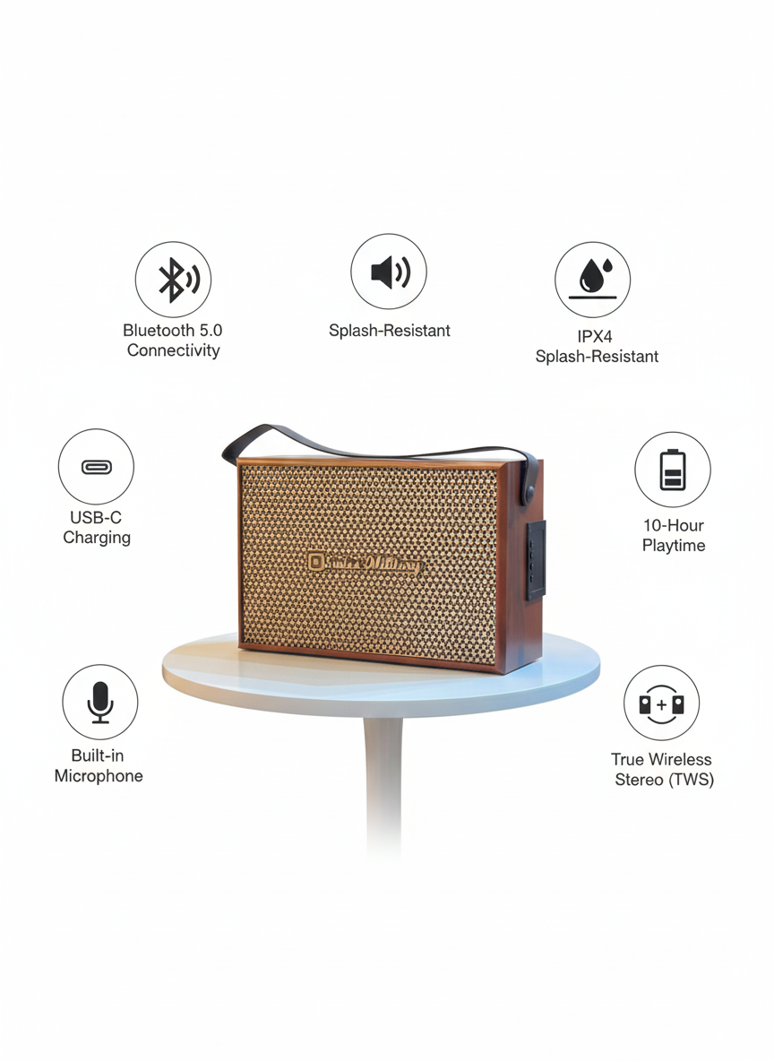 Swiss Military Premium Retro Wooden Bluetooth Speaker with Powerful Bass & Portable Leather Strap