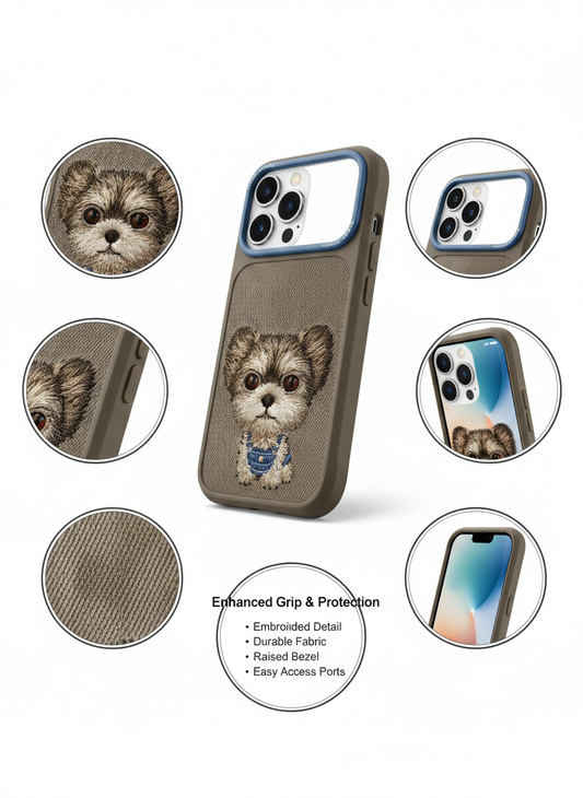 Cute Embroidered Puppy Dog iPhone 17 Pro Case - Soft Fabric, Slim Fit & Protective