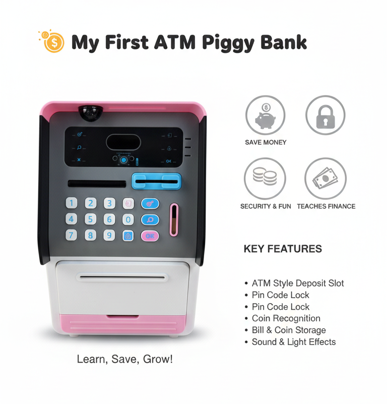 Smart Kids ATM Bank Toy with Password, Coin Slot & Cash Feed