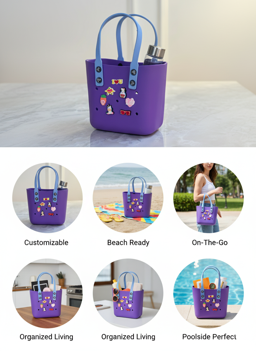 Luxe Customizable EVA Tote in Purple with Sky-Blue Handles