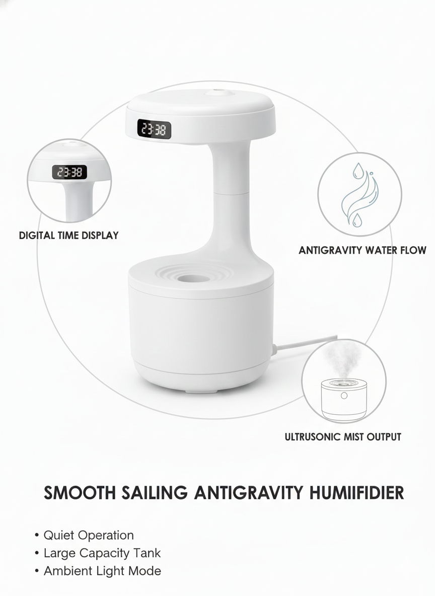 Smooth Sailing Antigravity Humidifier with Digital Clock & Ultra-Quiet Mist