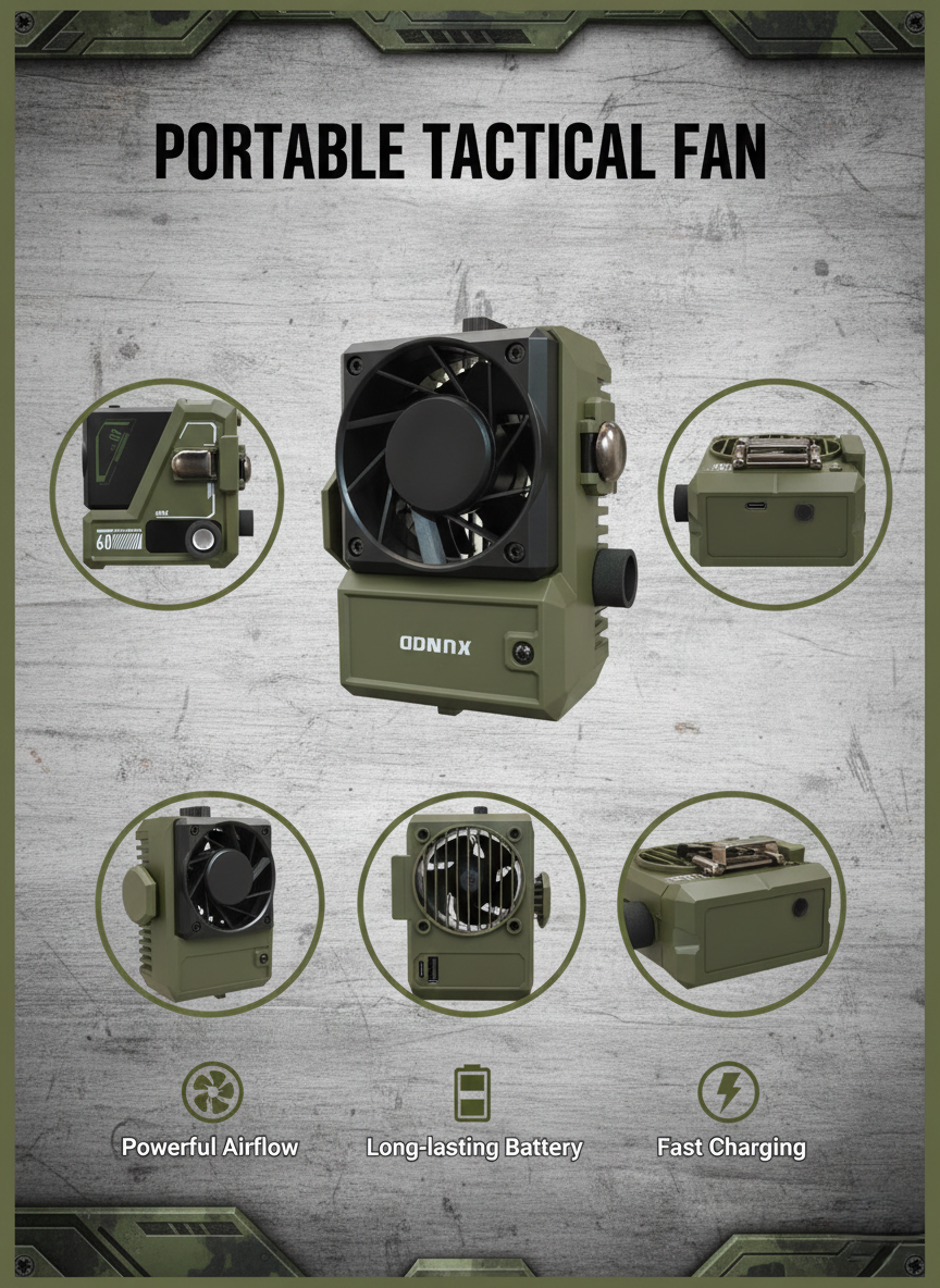 Portable Tactical Mini Fan with Powerful Airflow, Long-Lasting Rechargeable Battery, Fast USB-C Charging, Rugged Military Design, Compact Outdoor Cooling Device for Camping, Travel, Desk Use and Everyday Heat Relief