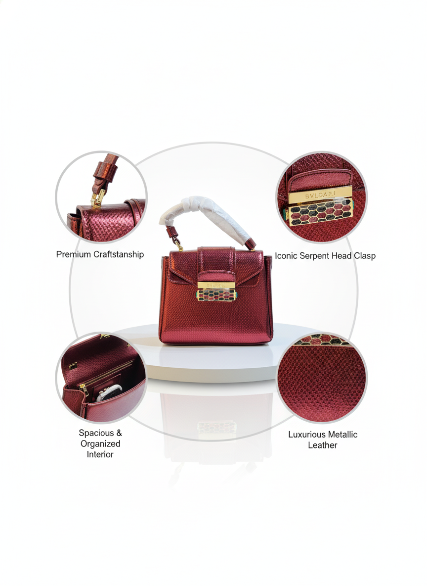 Luxurious Bvlgari Top-Handle Bag - Metallic Red Snakeskin Texture