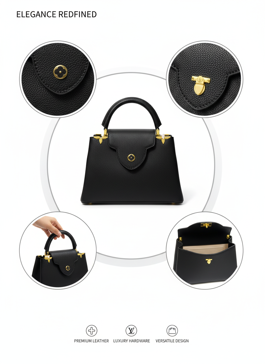 Structured Black Leather Satchel with Gold Hardware