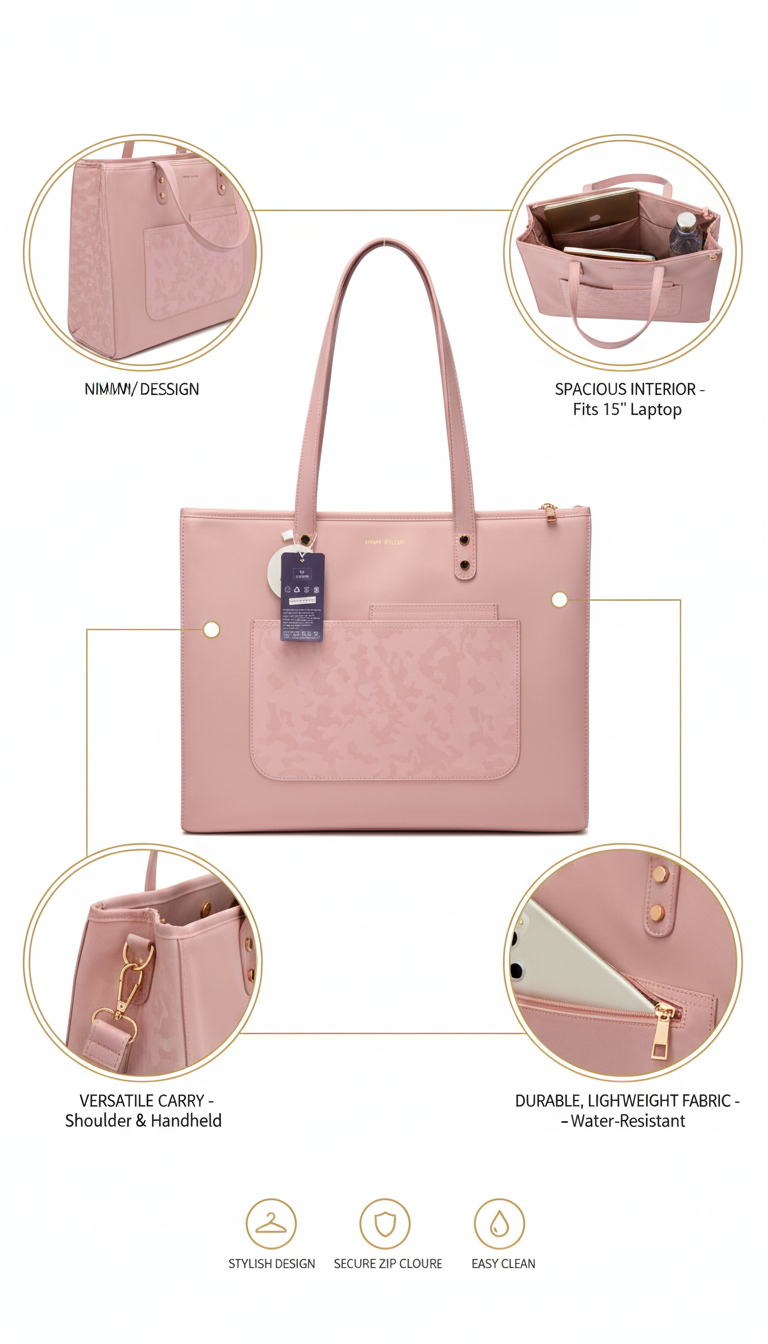 Premium Pink Laptop Tote Bag for Women | Fits 15" Laptop | Water-Resistant, Multi-Pocket Handbag for Office, Travel & Daily Use