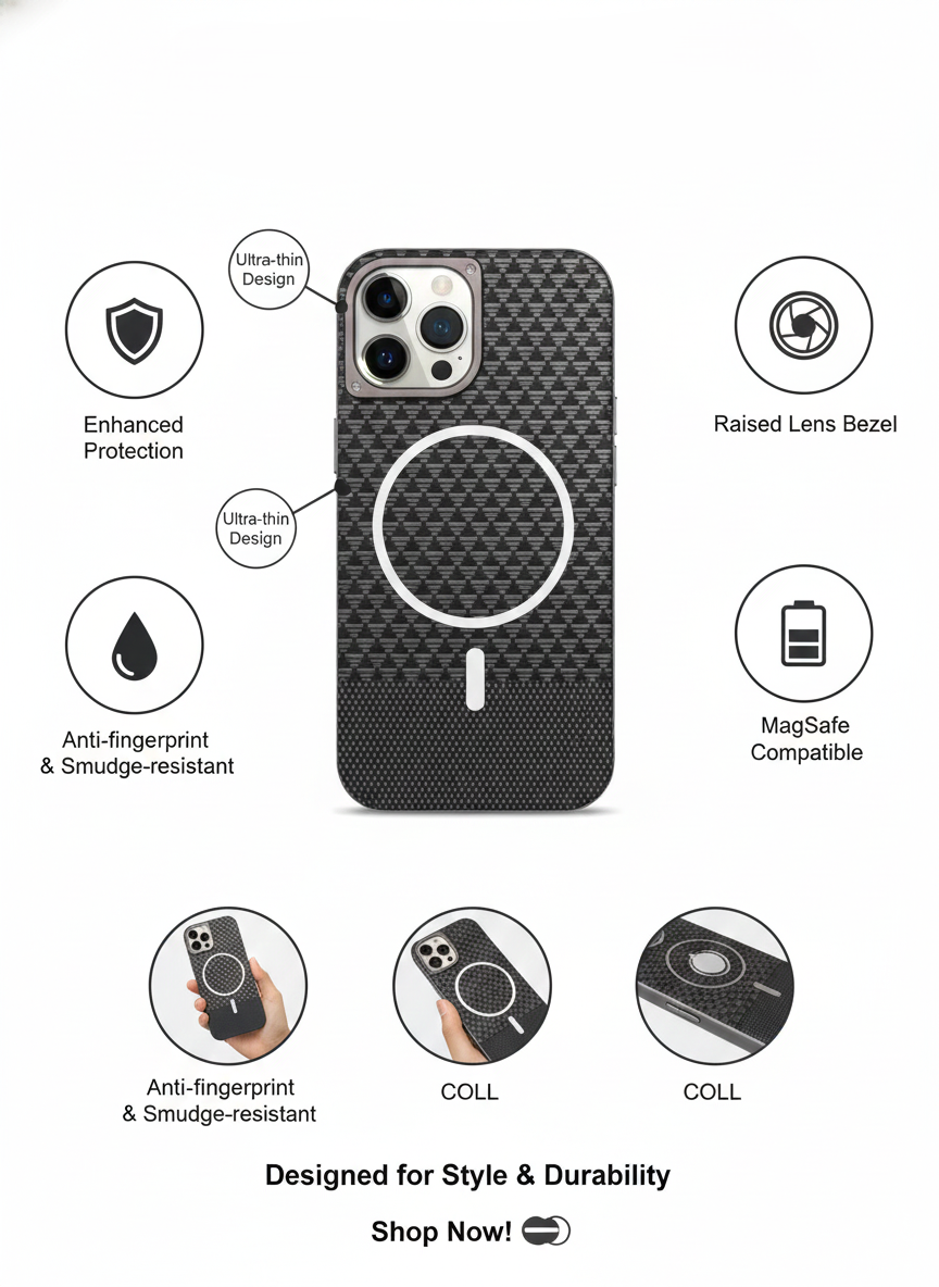Ultra-Thin Carbon Texture MagSafe Compatible iPhone Case with Raised Lens Protection and Anti-Fingerprint Finish