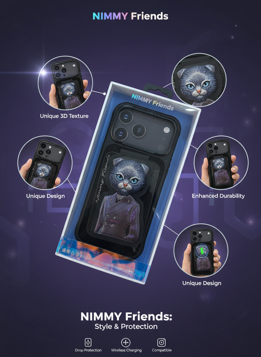 Nimmy Friends 3D Cat Design iPhone 17 Pro Case - Premium, Shock-Resistant Cover with Wireless Charging Support