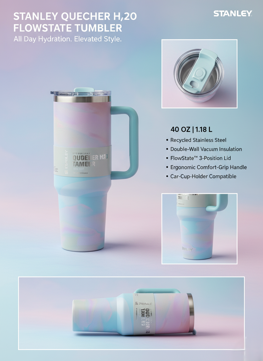 Stainless Steel Quencher Tumbler with Handle – Pastel Travel Mug for All-Day Hydration