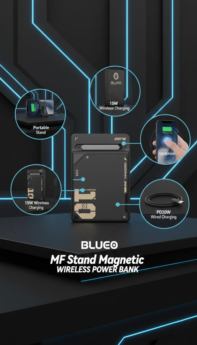 BLUEO MF Stand Magnetic Wireless Power Bank 10000mAh | 15W Wireless + 20W PD Fast Charging | Built-in Cable | Magnetic Attachment & Foldable Stand