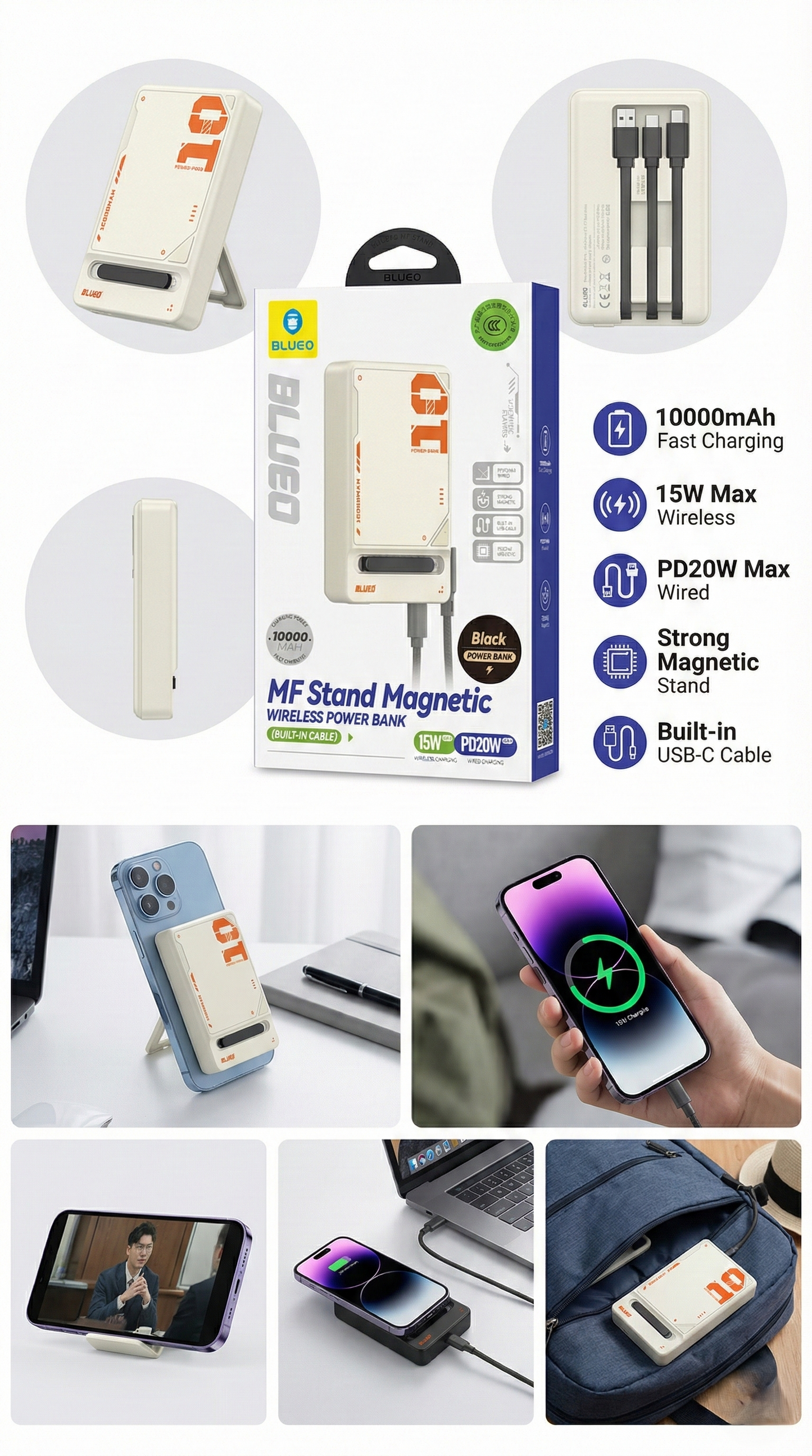 BLUEO MF Stand Magnetic Wireless Power Bank 10000mAh (White) | 15W Magnetic Wireless Charging | Built-in USB-C Cable | PD20W Fast Charging | Foldable Stand | Strong Magnetic Lock