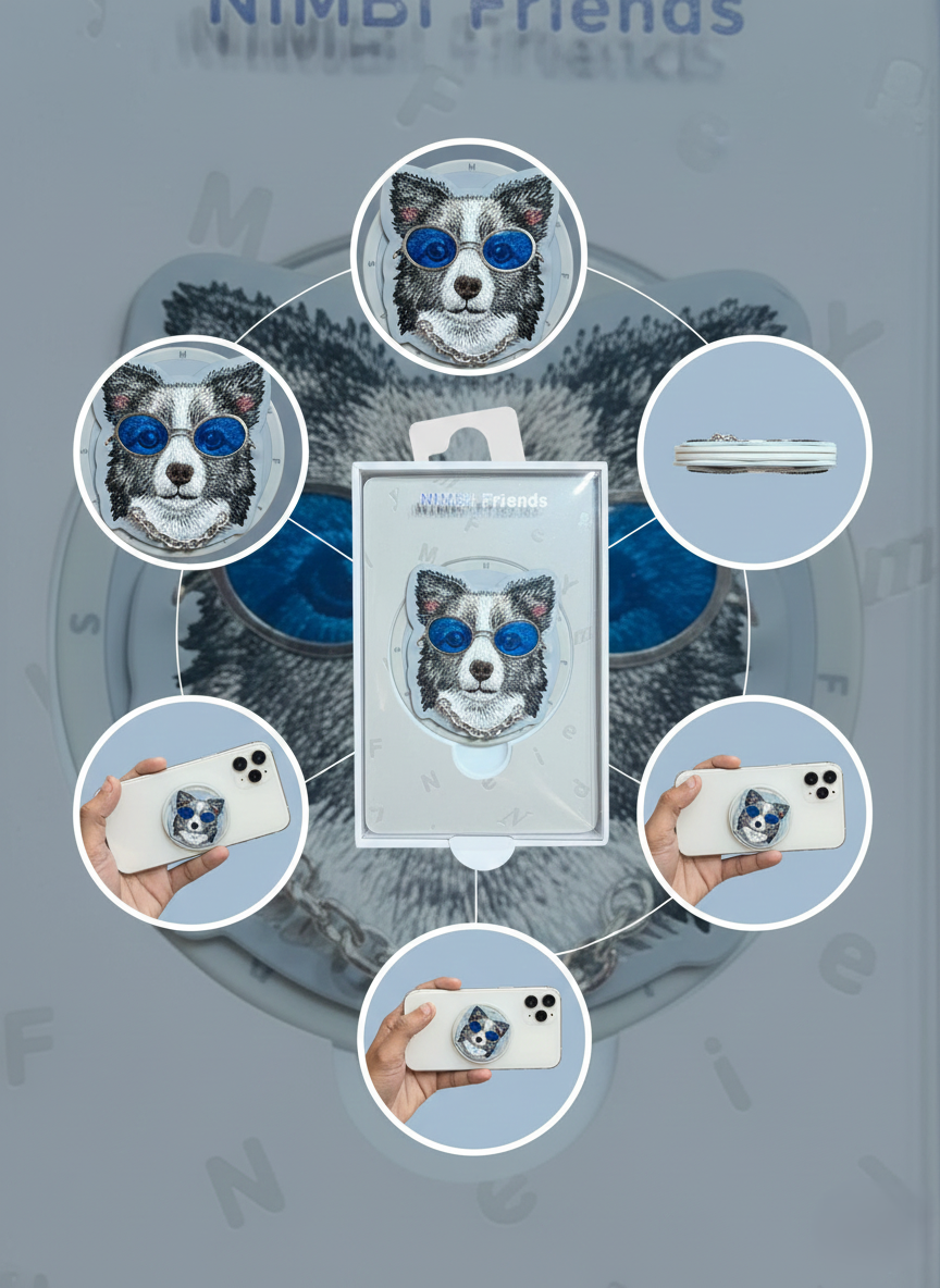 Trendy Blue-Glasses Dog PopSocket Phone Grip Holder, Cute 3D Animal Design Mobile Stand for Secure Grip, Comfortable Handling and Stylish Everyday Smartphone Use