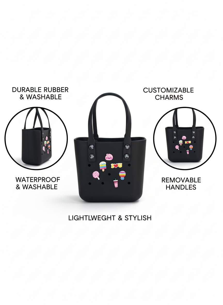 Black Rubber Tote Bag with Customizable Charms | Waterproof, Washable & Lightweight Handbag with Removable Handles