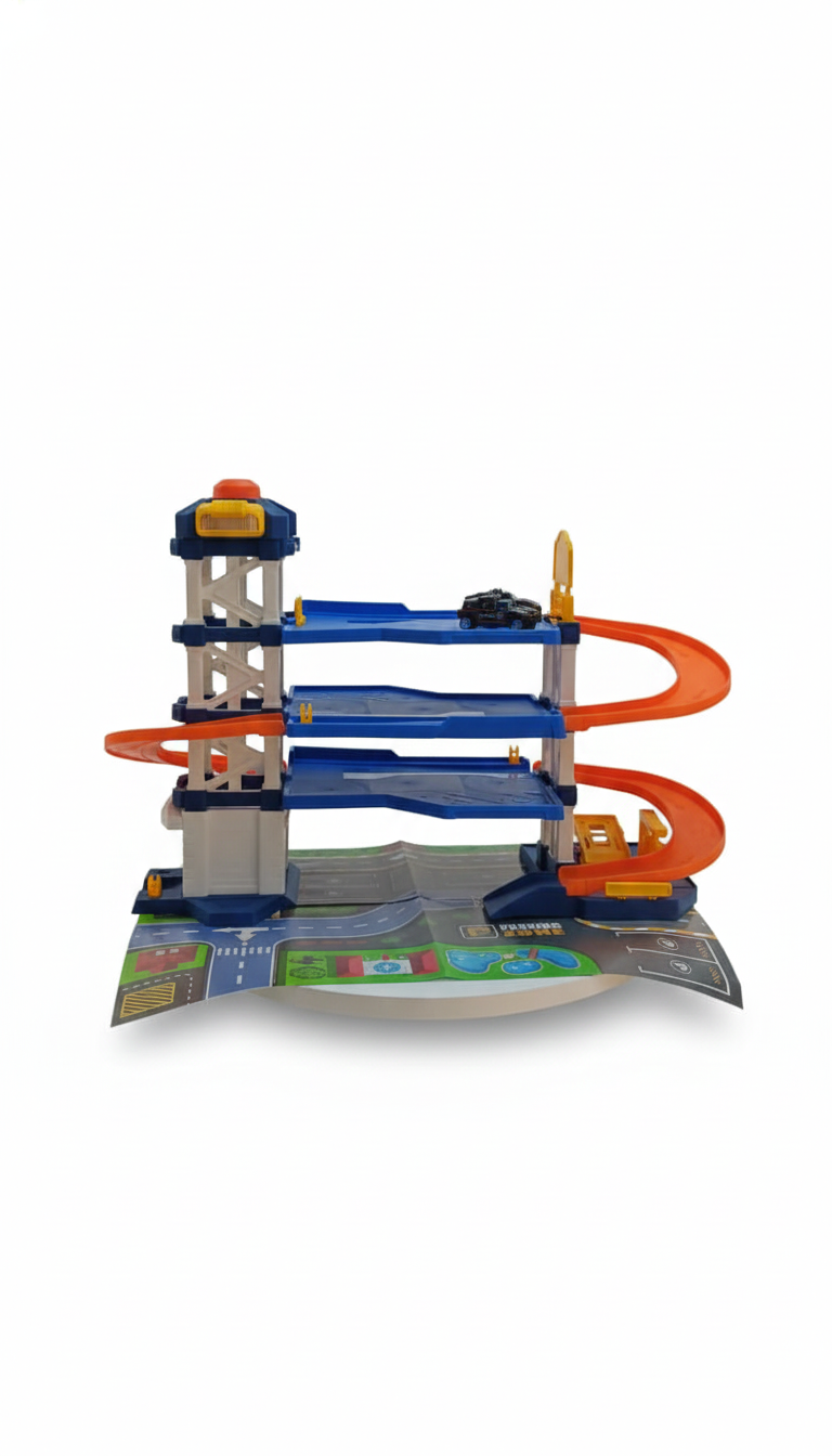 Super Garage Police Track Playset with Multi-Level Ramps, Die-Cast Vehicles, City Playmat, Light & Sound Effects, Easy Assembly, Imaginative Play, Educational Toy Gift for Kids Ages 3 and Above