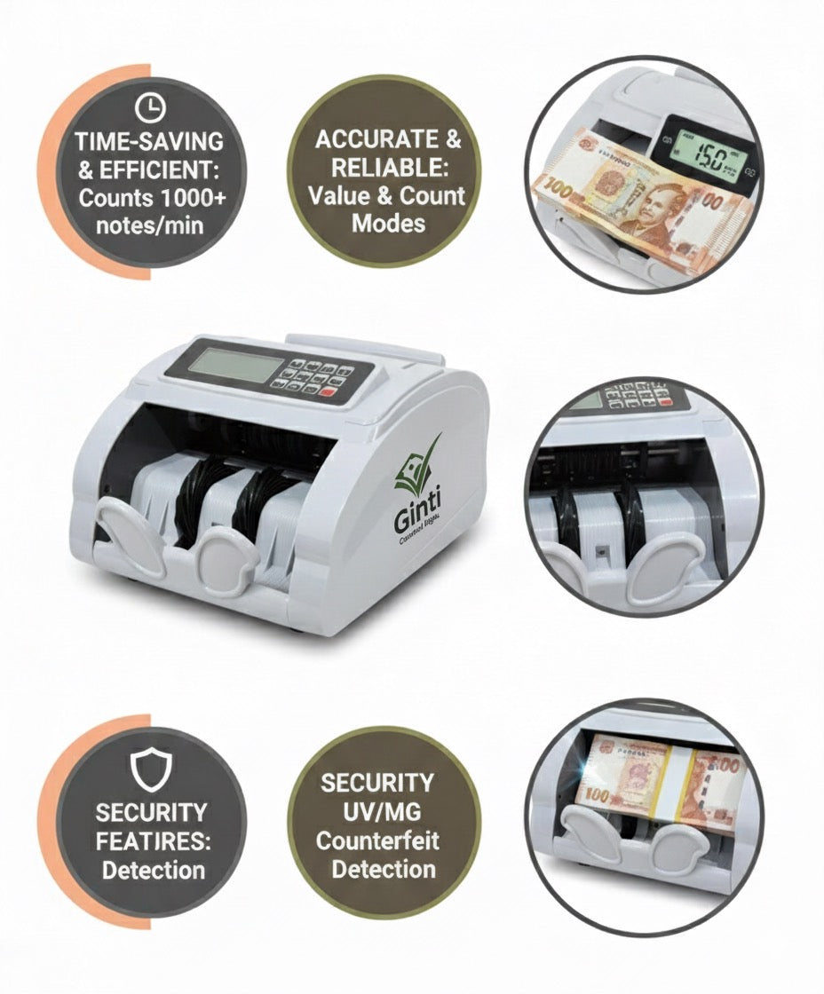 GINTI COUNTER High-Speed Automatic Currency Note Counting Machine with UV/MG Counterfeit Detection, Accurate Value Calculation, LED Display, and Efficient Cash Handling for Retail and Office Use