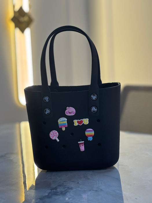 coutomizeable black tote bag with cute pop charms