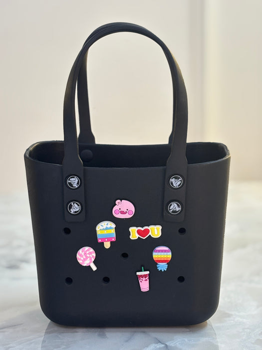 coutomizeable black tote bag with cute pop charms