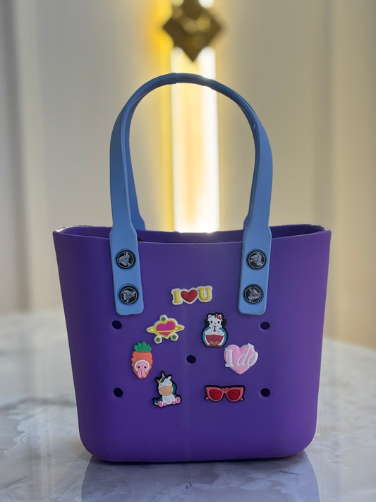 "Customizable Black Tote Bag with Cute Pop Charms"