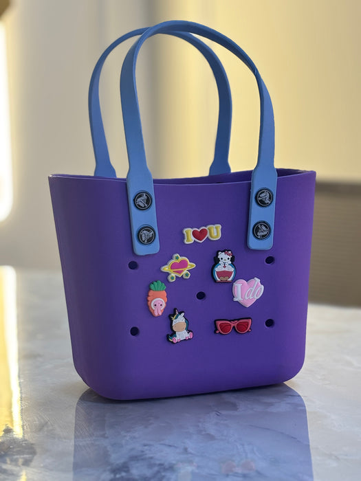 "Customizable Black Tote Bag with Cute Pop Charms"