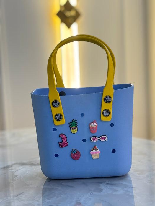 "Customizable Black Tote Bag with Cute Pop Charms"