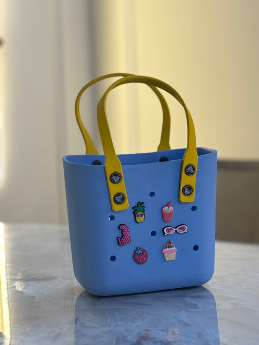 "Customizable Black Tote Bag with Cute Pop Charms"