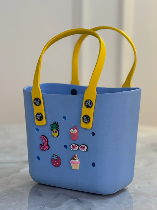 "Customizable Black Tote Bag with Cute Pop Charms"