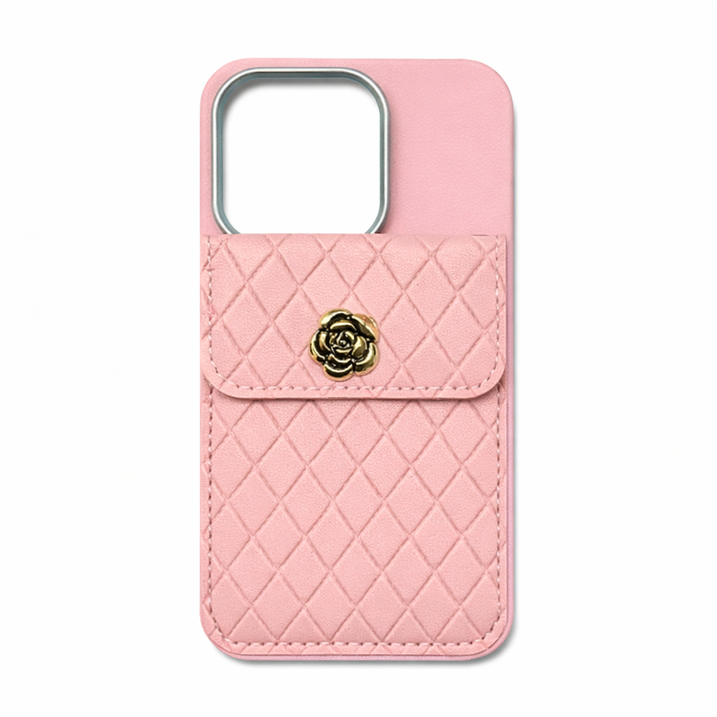 Pink iPhone 15 Pro Back Cover with Quilted Card Pouch, Faux Leather Pocket, Metal Button, Soft Grip Case for Daily Use