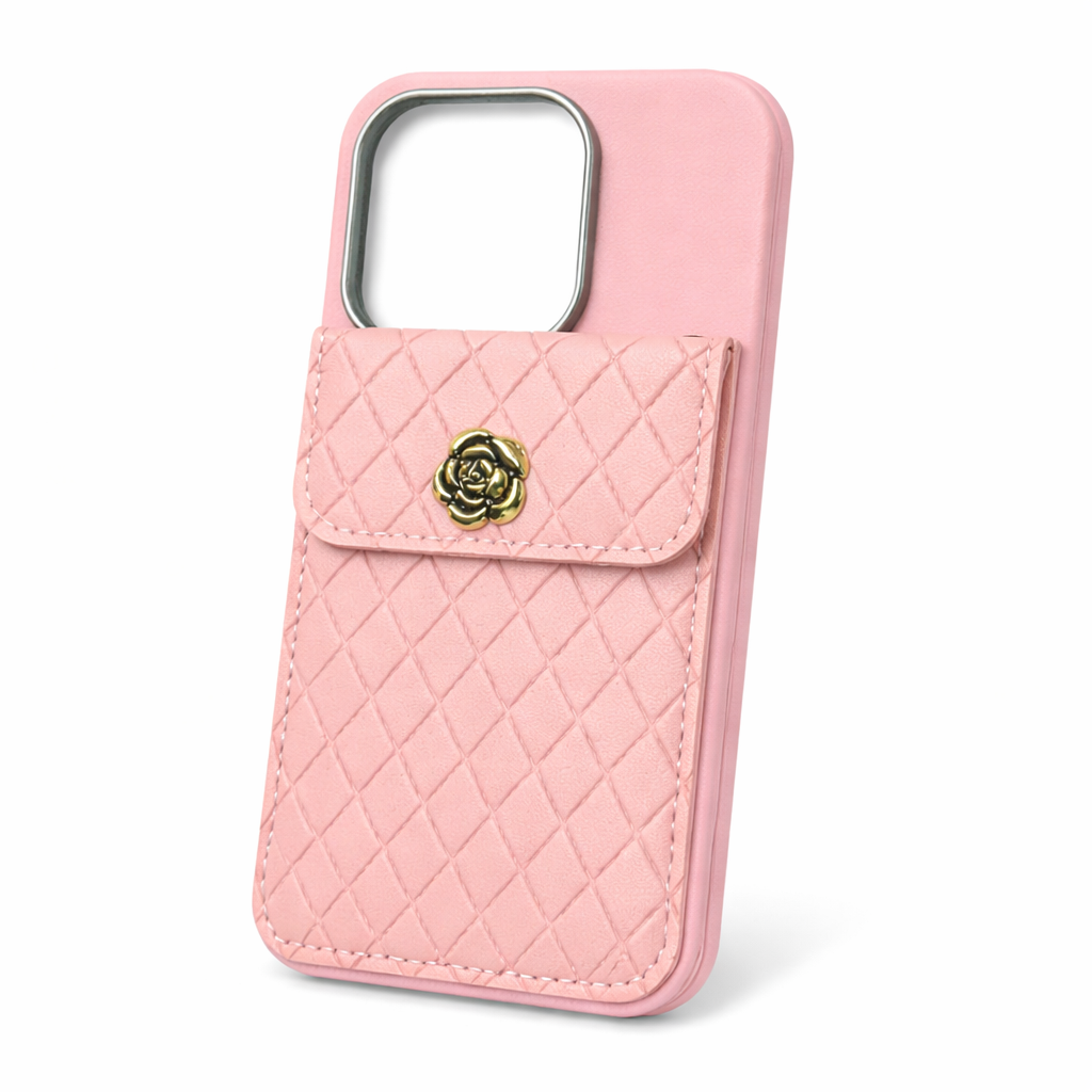Pink iPhone 15 Pro Back Cover with Quilted Card Pouch, Faux Leather Pocket, Metal Button, Soft Grip Case for Daily Use