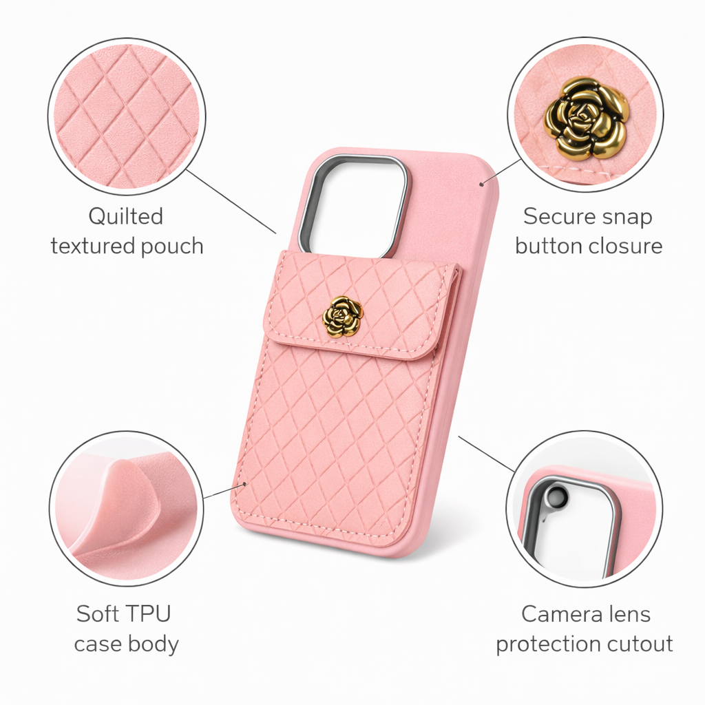 Pink iPhone 15 Pro Back Cover with Quilted Card Pouch, Faux Leather Pocket, Metal Button, Soft Grip Case for Daily Use
