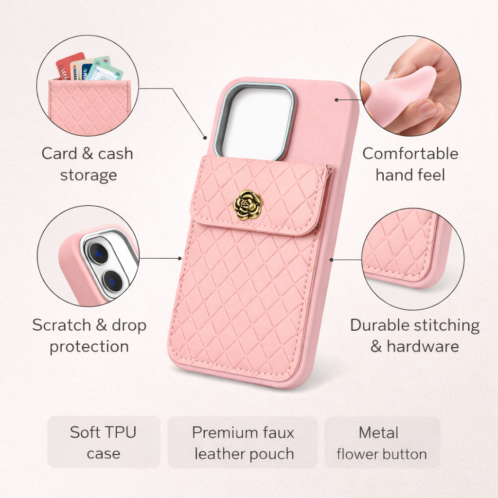 Pink iPhone 15 Pro Back Cover with Quilted Card Pouch, Faux Leather Pocket, Metal Button, Soft Grip Case for Daily Use