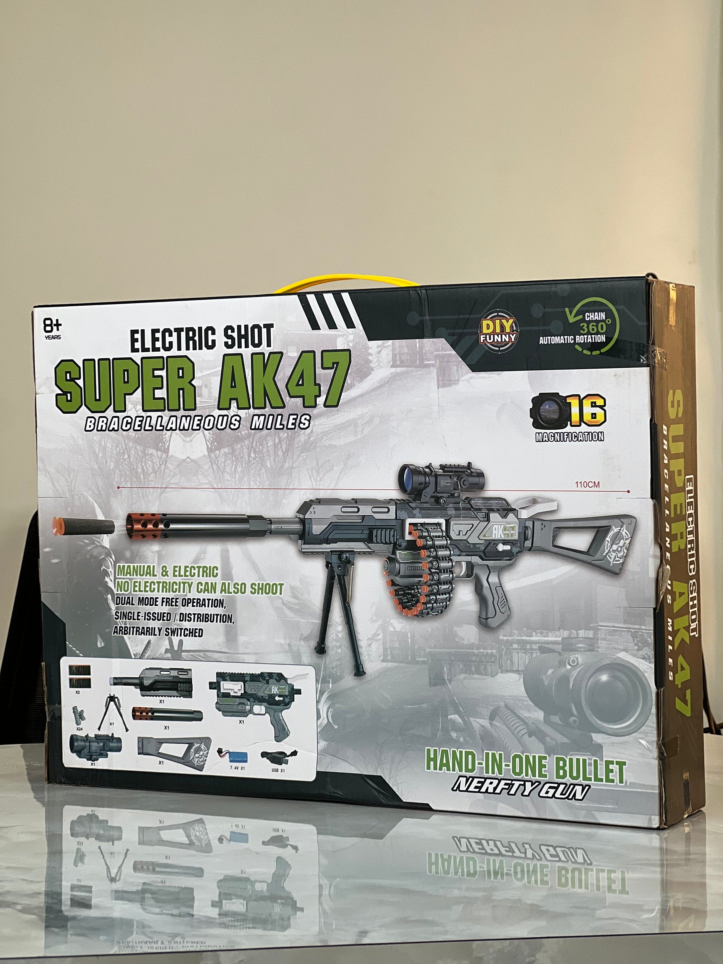“AK47” styling, the Nerf-style play compatibility, and the target age, making it clear and attractive for shoppers.