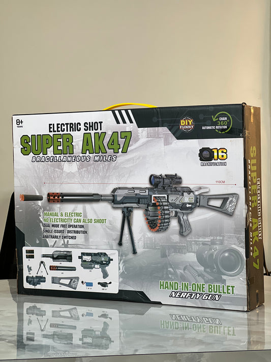 “AK47” styling, the Nerf-style play compatibility, and the target age, making it clear and attractive for shoppers.