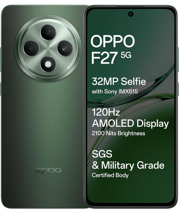 OPPO F27 5G (Emerald Green, 8GB RAM, 256GB Storage) | 6.67" FHD+ AMOLED Display|32MP Sony IMX615 Selfie Camera |AI Portrait Expert| 45W SUPERVOOC