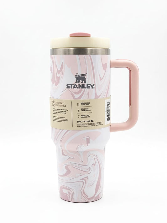 Stainless Steel Quencher Tumbler with Handle – Marble Design Travel Mug (Pink)
