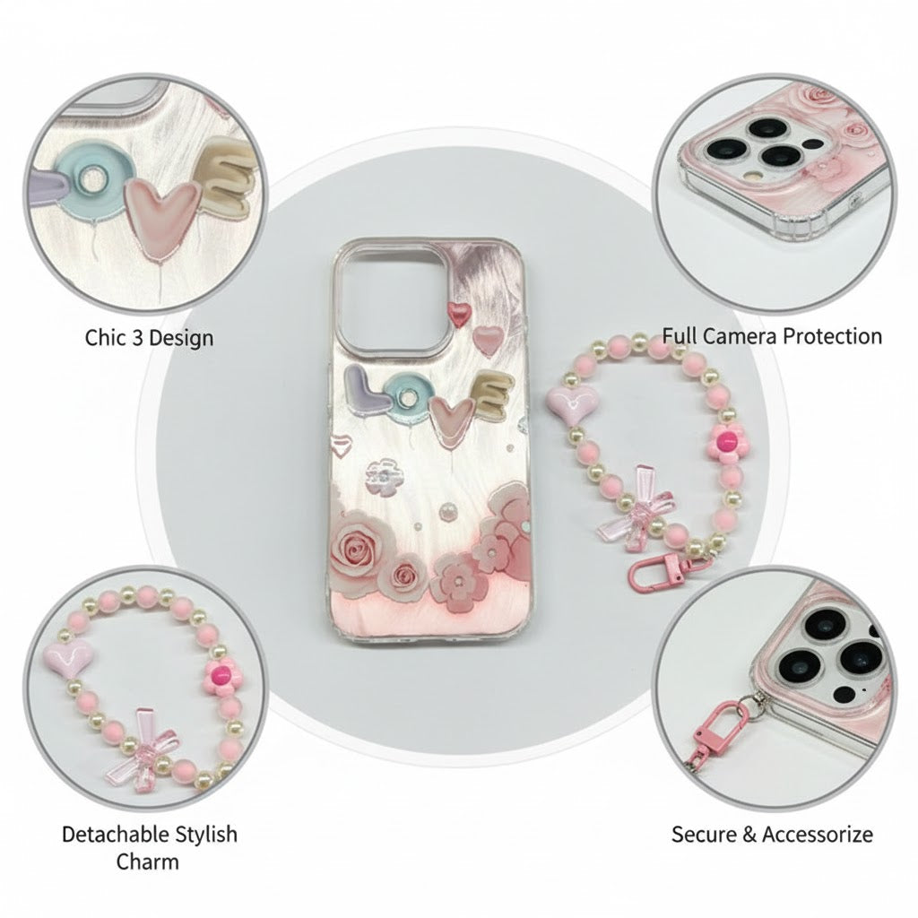 Elegant Transparent Phone Case with Handmade Charm Strap, Decorative Pastel Design, Durable Protective Clear Cover for Stylish Everyday Use