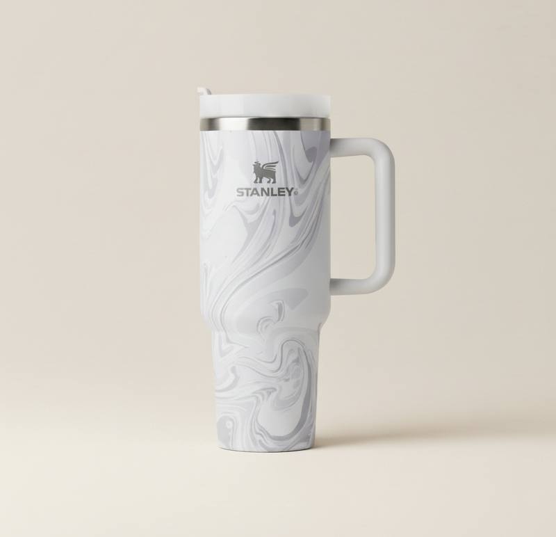 Stainless Steel Quencher Tumbler with Handle – Marble Design Travel Mug