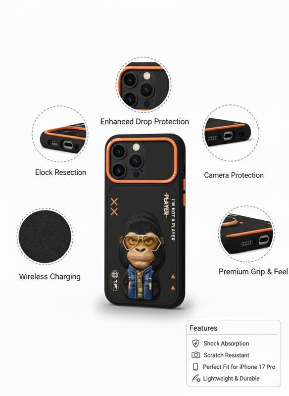 iPhone 17 Pro Rugged Back Cover with Cartoon Gorilla & Orange Bumper — photo 3