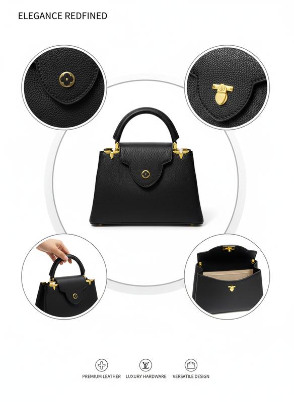 Structured Black Leather Satchel with Gold Hardware — photo 3