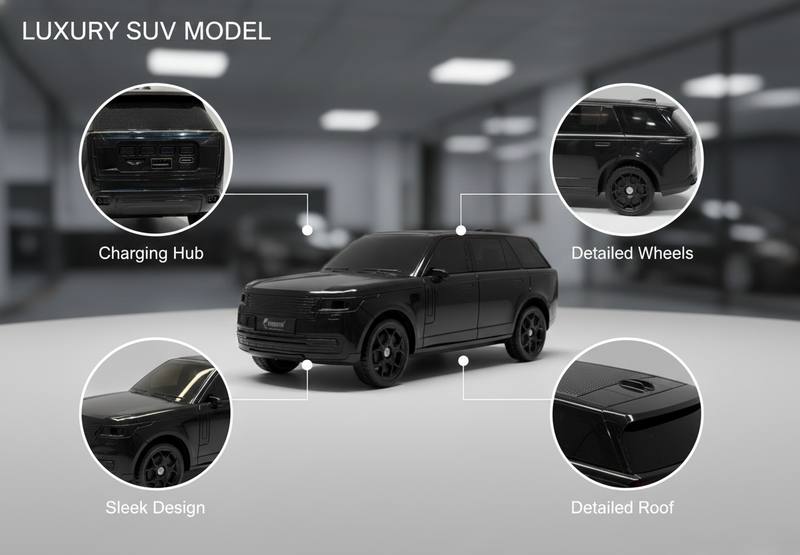 Deluxe Black SUV Toy Model – Authentic 1:24 Scale with Dual USB Ports & LED Features