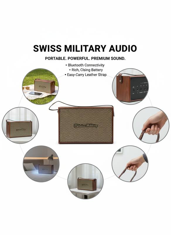 Swiss Military Premium Retro Wooden Bluetooth Speaker with Powerful Bass & Portable Leather Strap — photo 2