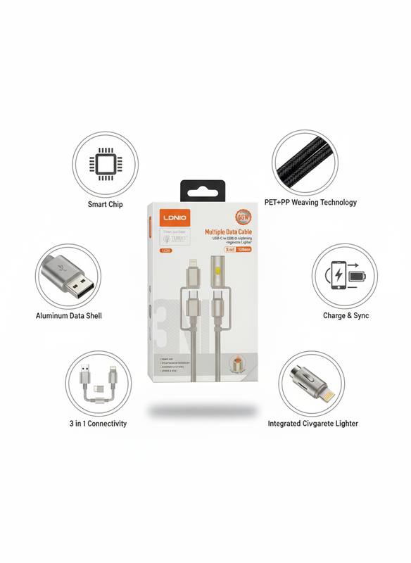 LDNIO Fast Charging Braided Cable 3-in-1 | 65W Power | Built-in Lighter | Durable PET+PP — photo 3