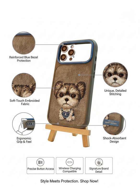 Cute Embroidered Puppy Dog iPhone 17 Pro Case - Soft Fabric, Slim Fit & Protective — photo 3