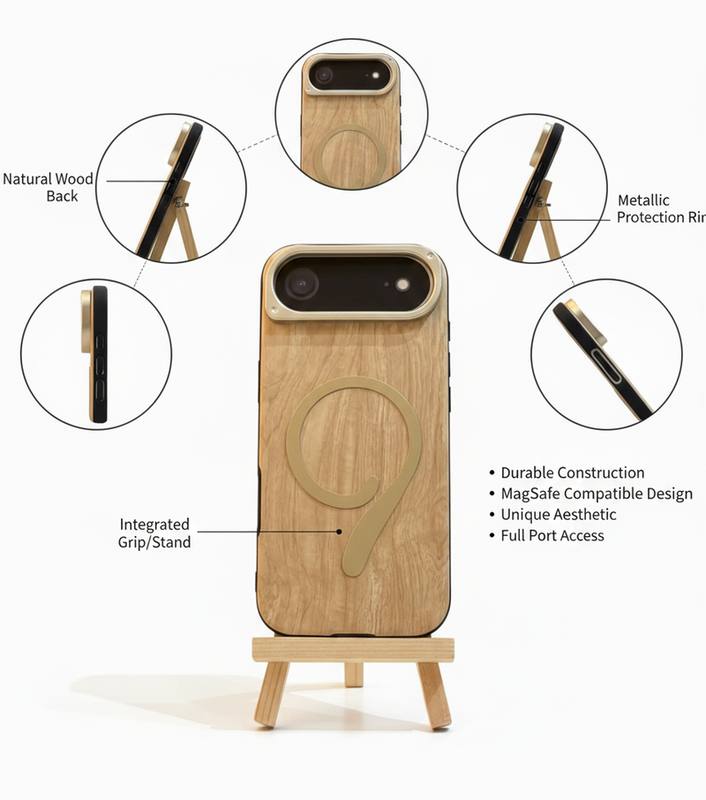 iPhone 17 Air Case with Natural Wood Back, MagSafe Grip/Stand, and Metal Protection Ring
