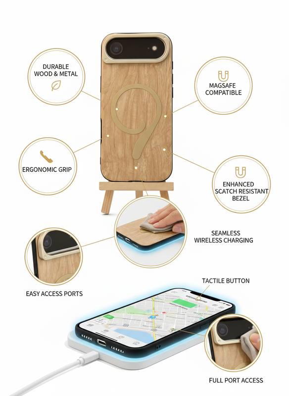iPhone 17 Air Case with Natural Wood Back, MagSafe Grip/Stand, and Metal Protection Ring — photo 3