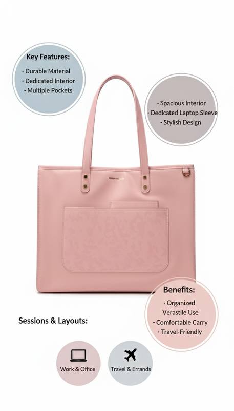 Premium Pink Laptop Tote Bag for Women | Fits 15" Laptop | Water-Resistant, Multi-Pocket Handbag for Office, Travel & Daily Use — photo 2