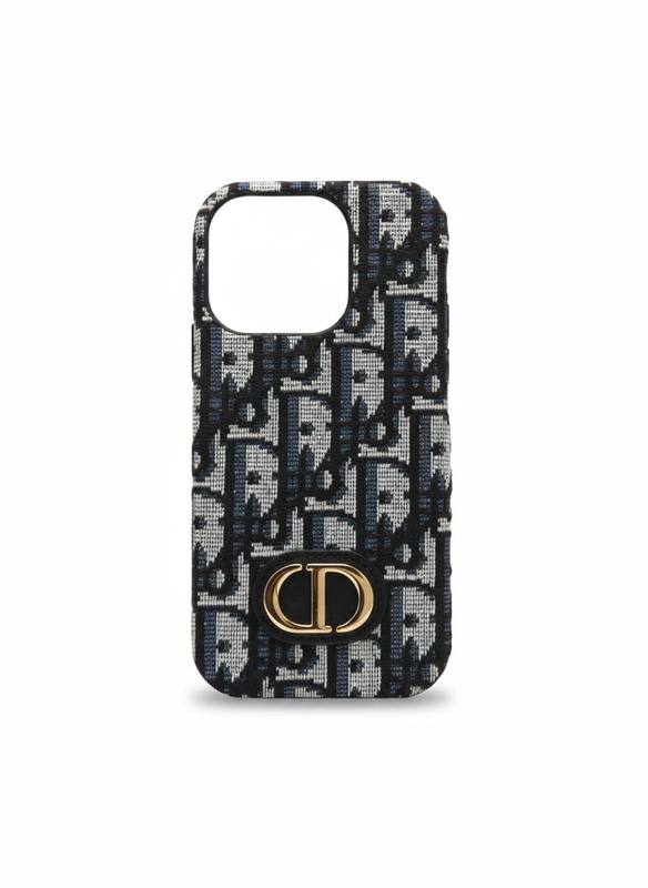 Luxury Oblique Fabric Designer 16 Pro Phone Case with Gold Emblem, Slim Protective Wireless Charging Compatible Cover