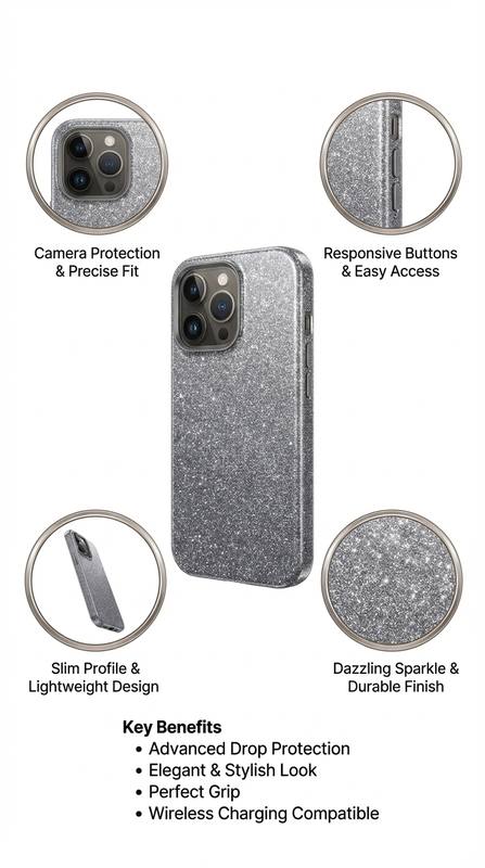 Premium Silver Glitter Slim Protective Phone Case with Camera Protection and Wireless Charging Support — photo 2
