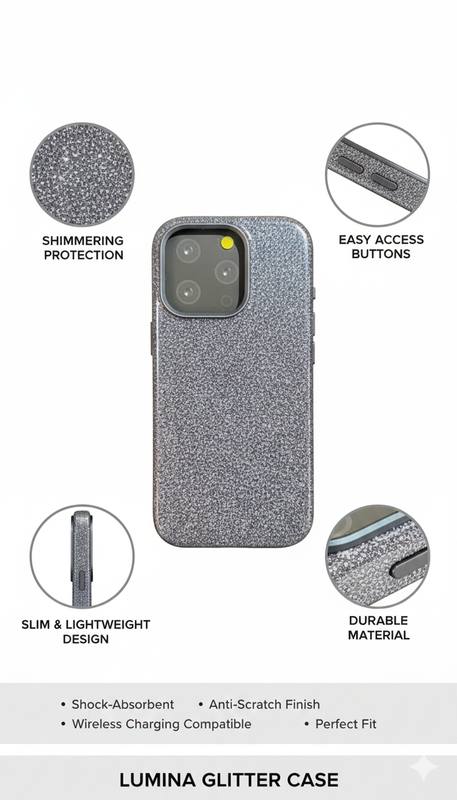 Premium Silver Glitter Slim Protective Phone Case with Camera Protection and Wireless Charging Support — photo 3